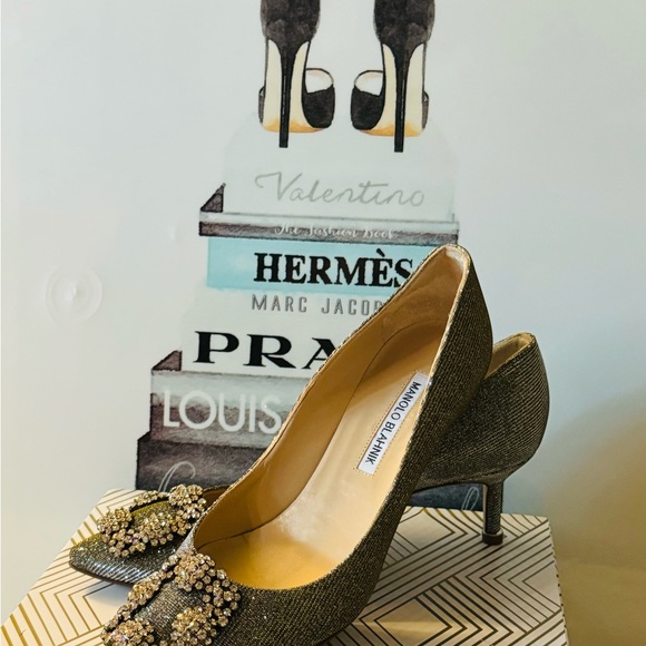 Manolo Blahnik 50 HANGISI  Metallic Crystal-Toe Pump, Gold/Silver~EU 36.5/US 6.5 - Picture 4 of 15